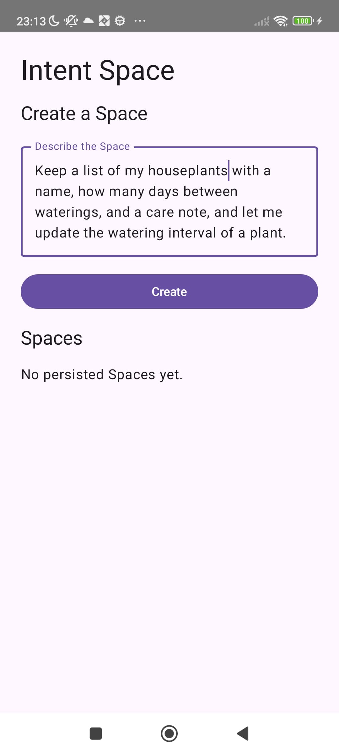 Create a Space screen with the exact houseplant intent entered on the Redmi.