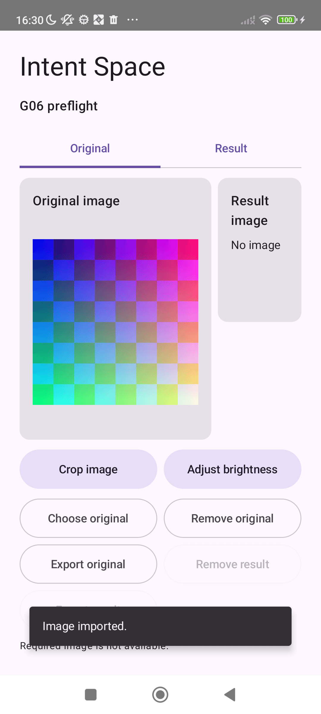An image Space: Original and result views with explicit image actions. Synthetic image only, Android debug build.