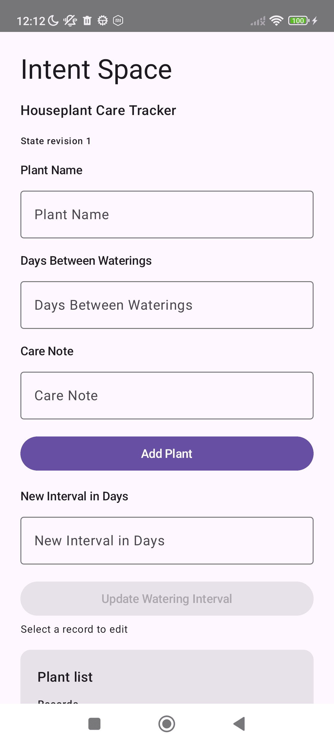 Generated Houseplant Care Tracker with name, watering interval and care-note fields. State revision 1 debug marker is visible.