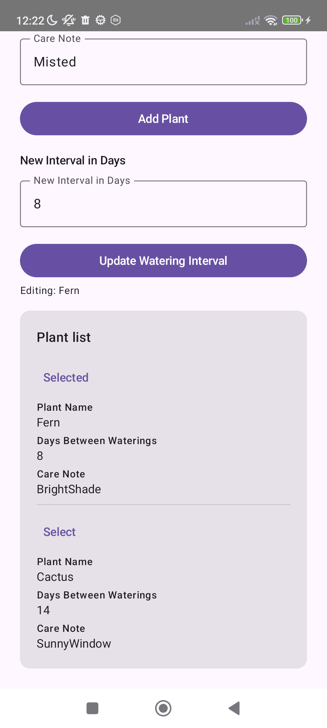 Houseplant Care Tracker in use with Fern and Cactus; Fern's watering interval is being edited to 8 days.